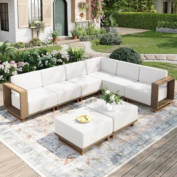 patio sectional, outdoor sofa set, wicker sectional, patio furniture set, outdoor lounge sofa, product demo, lifestyle, calm, fresh, neutral, brown, green